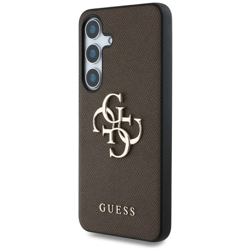 Guess Grained Big 4G Logo Small Classic Logo twarde etui na Samsung Galaxy S25+, brązowe