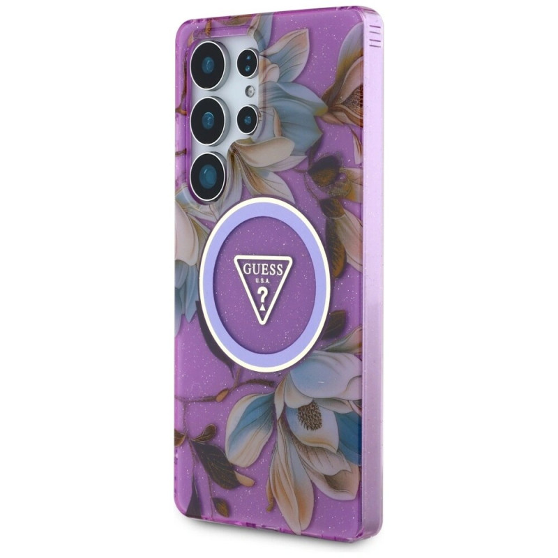 Etui MagSafe Guess Glitter Flowers Triangle Buttons do Samsung Galaxy S25 Ultra, fioletowe