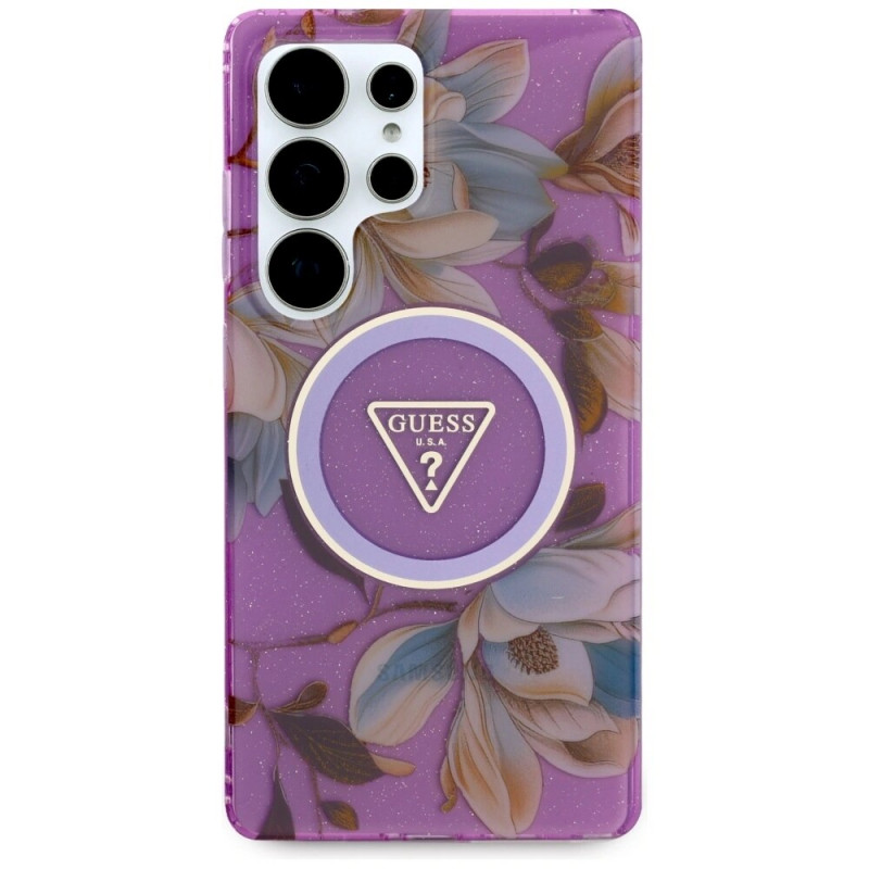 Etui MagSafe Guess Glitter Flowers Triangle Buttons do Samsung Galaxy S25 Ultra, fioletowe