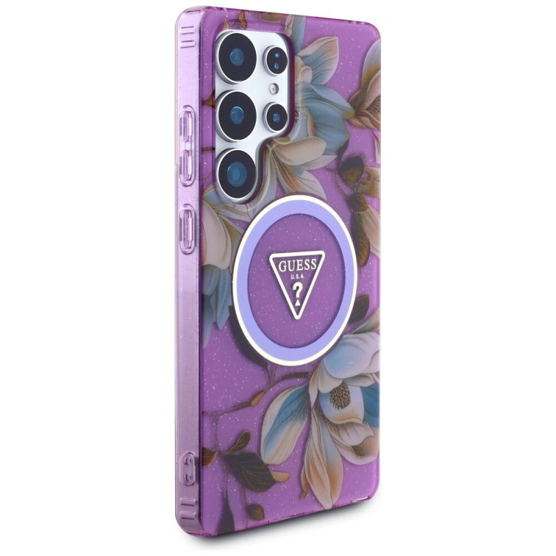 Etui MagSafe Guess Glitter Flowers Triangle Buttons do Samsung Galaxy S25 Ultra, fioletowe
