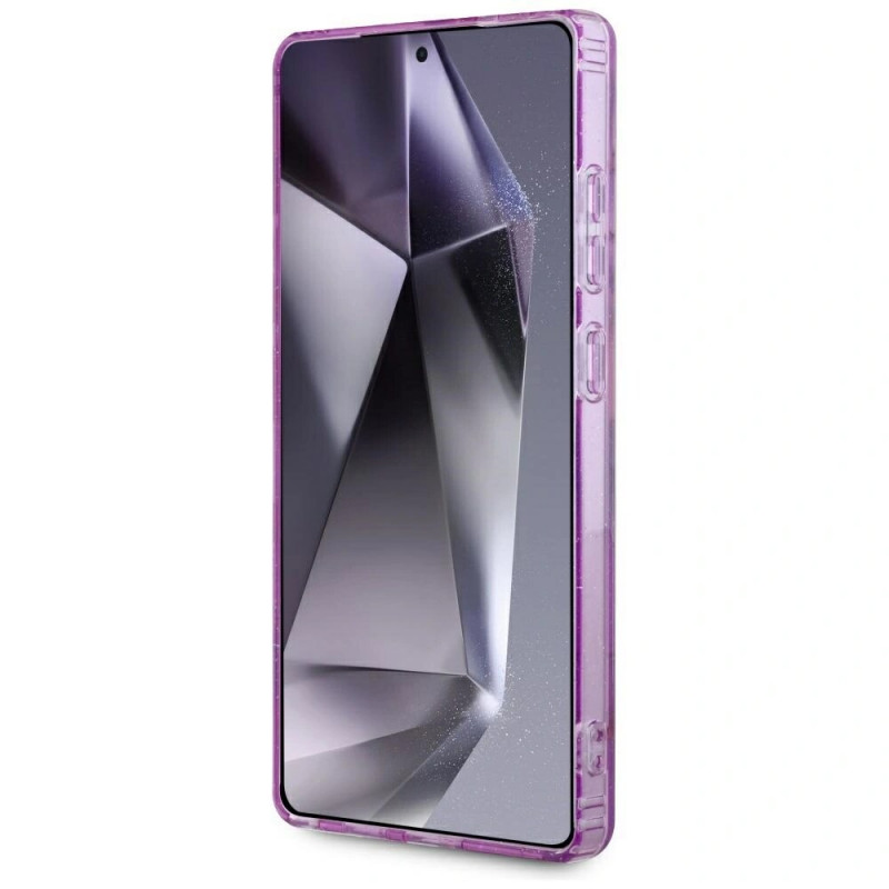 Etui MagSafe Guess Glitter Flowers Triangle Buttons do Samsung Galaxy S25 Ultra, fioletowe