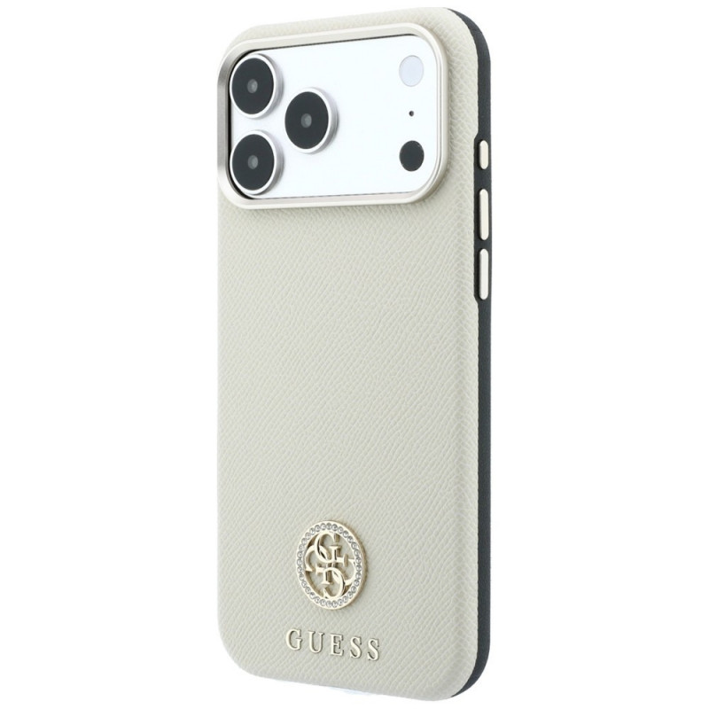 Guess GUE005545 Grained Round Strass Logo MagSafe etui na Apple iPhone 18 Pro / 17 Pro, beżowe