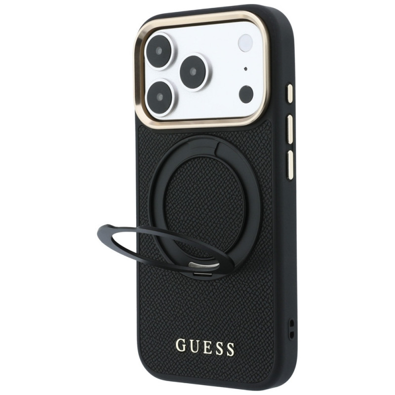 Etui MagSafe Guess Ring Stand 360 Grained Classic Logo dla Apple iPhone 18 Pro / 17 Pro, czarne