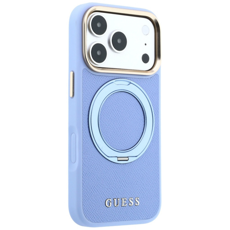 Etui Guess Ring Stand 360 Grained Classic Logo MagSafe dla Apple iPhone 18 Pro Max / 17 Pro Max, jasnoniebieskie