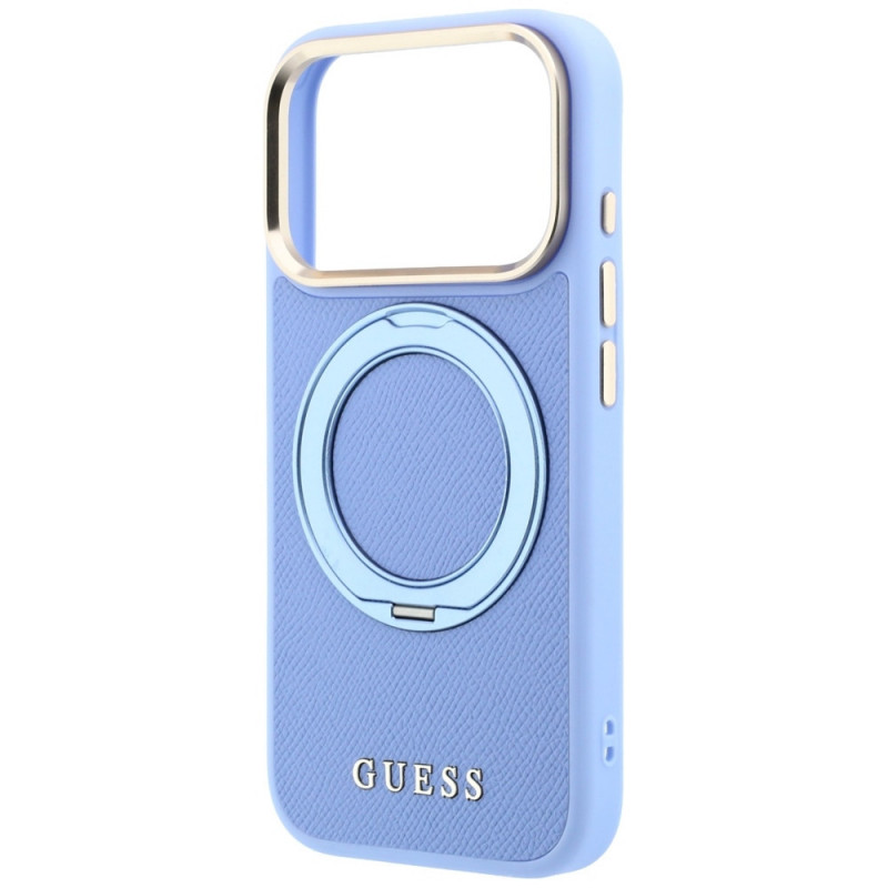 Etui Guess Ring Stand 360 Grained Classic Logo MagSafe dla Apple iPhone 18 Pro Max / 17 Pro Max, jasnoniebieskie