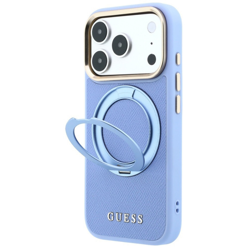 Guess Ring Stand 360 Grained Classic Logo MagSafe etui na Apple iPhone 18 Pro / 17 Pro, jasnoniebieski