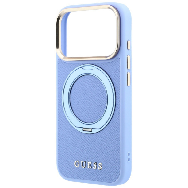 Guess Ring Stand 360 Grained Classic Logo MagSafe etui na Apple iPhone 18 Pro / 17 Pro, jasnoniebieski