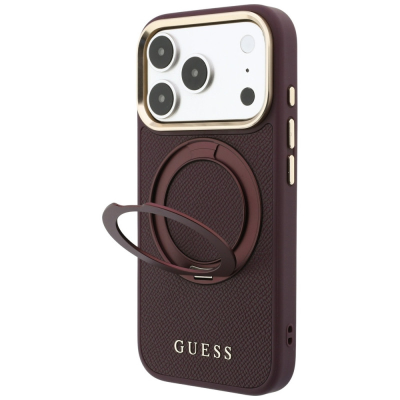 Guess Ring Stand 360 Grained Classic Logo MagSafe etui na Apple iPhone 18 Pro / 17 Pro, burgund