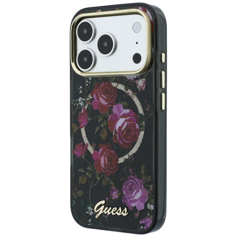 Guess GUE6042 IML Glitter Blossom Roses MagSafe Hardcase do Apple iPhone 18 Pro Max / 17 Pro Max, czarny