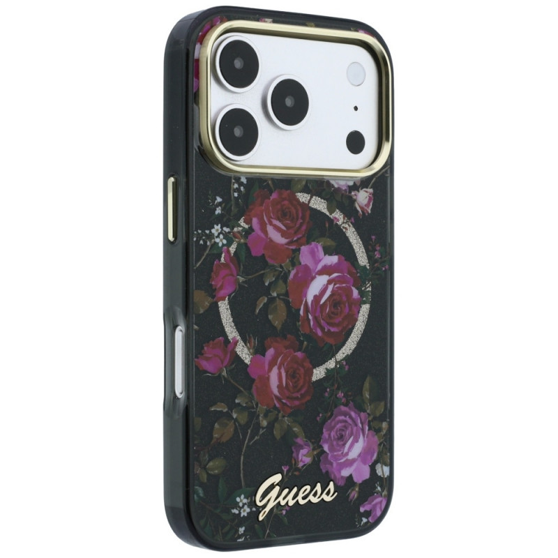 Guess GUE6042 IML Glitter Blossom Roses MagSafe Hardcase do Apple iPhone 18 Pro Max / 17 Pro Max, czarny