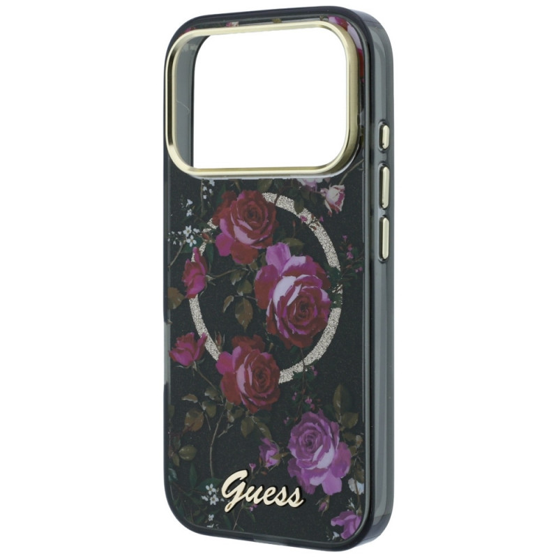 Guess GUE6042 IML Glitter Blossom Roses MagSafe Hardcase do Apple iPhone 18 Pro Max / 17 Pro Max, czarny