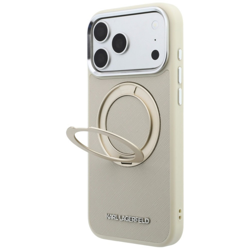 Etui Karl Lagerfeld Ring Stand 360 Saffiano Classic Logo MagSafe dla Apple iPhone 18 Pro / 17 Pro, beżowe