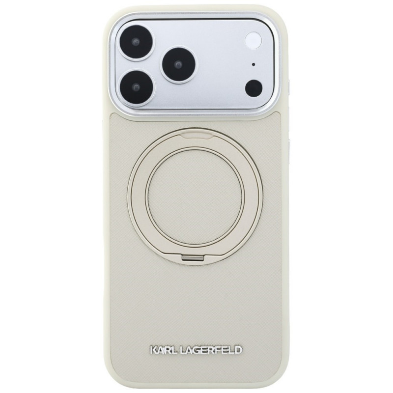 Etui Karl Lagerfeld Ring Stand 360 Saffiano Classic Logo MagSafe dla Apple iPhone 18 Pro / 17 Pro, beżowe