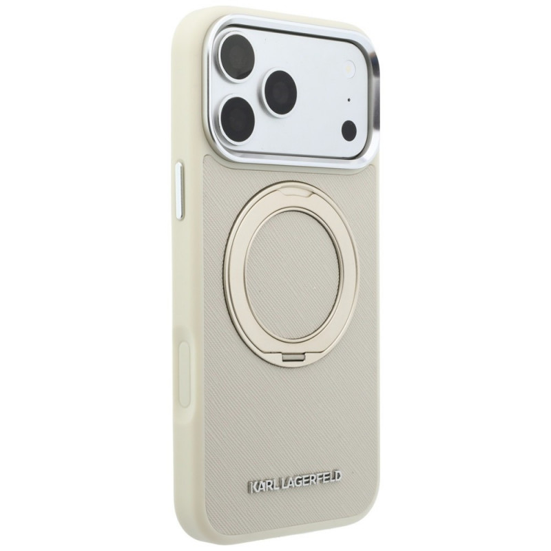 Etui Karl Lagerfeld Ring Stand 360 Saffiano Classic Logo MagSafe dla Apple iPhone 18 Pro / 17 Pro, beżowe
