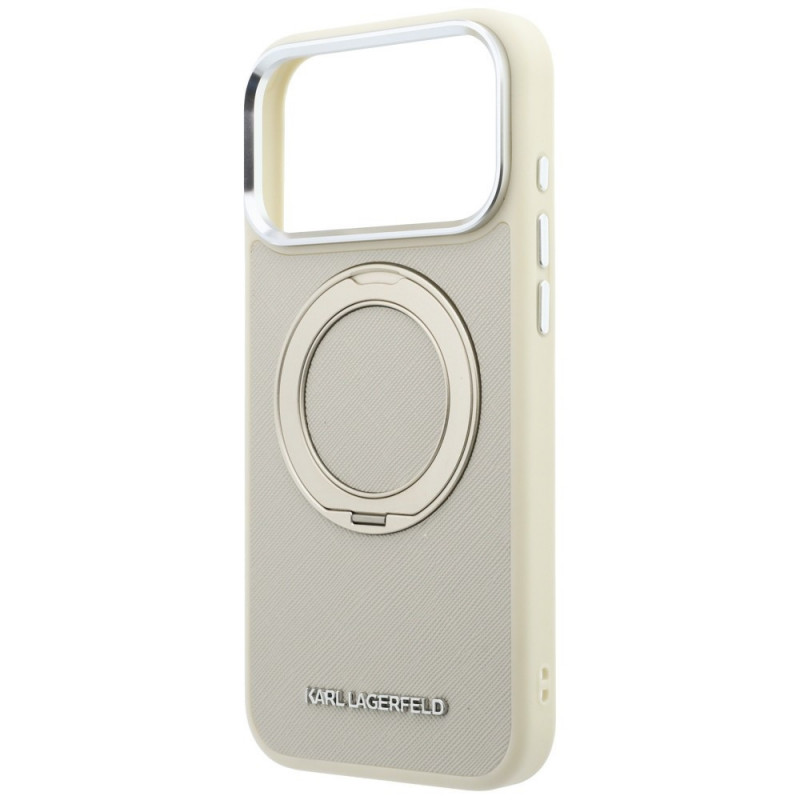 Etui Karl Lagerfeld Ring Stand 360 Saffiano Classic Logo MagSafe dla Apple iPhone 18 Pro / 17 Pro, beżowe