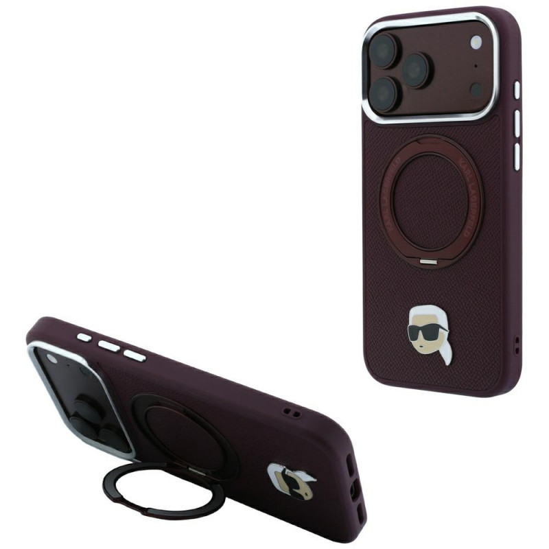 Etui MagSafe Karl Lagerfeld with Ring Stand 360 Karl Head Pin dla Apple iPhone 18 Pro Max / 17 Pro Max, Burgundy