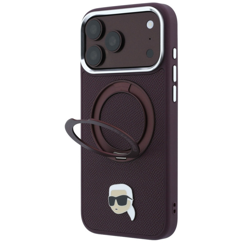 Etui MagSafe Karl Lagerfeld with Ring Stand 360 Karl Head Pin dla Apple iPhone 18 Pro Max / 17 Pro Max, Burgundy