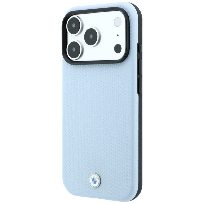 Etui MagSafe BMW Kevlar Metal Logo dla Apple iPhone 18 Pro Max / 17 Pro Max, niebieskie