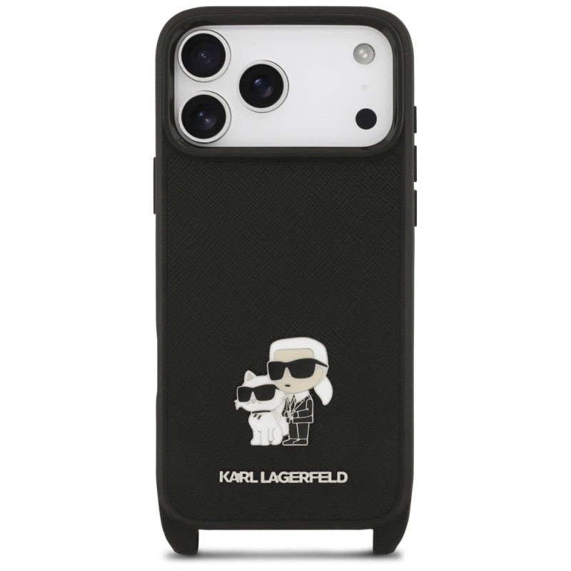 Etui Karl Lagerfeld Saffiano Karl&Choupette Metal Pin CBDY Strap dla Apple iPhone 18 Pro / 17 Pro, czarne
