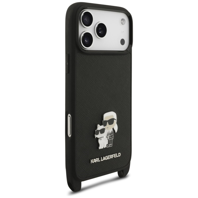 Etui Karl Lagerfeld Saffiano Karl&Choupette Metal Pin CBDY Strap dla Apple iPhone 18 Pro / 17 Pro, czarne