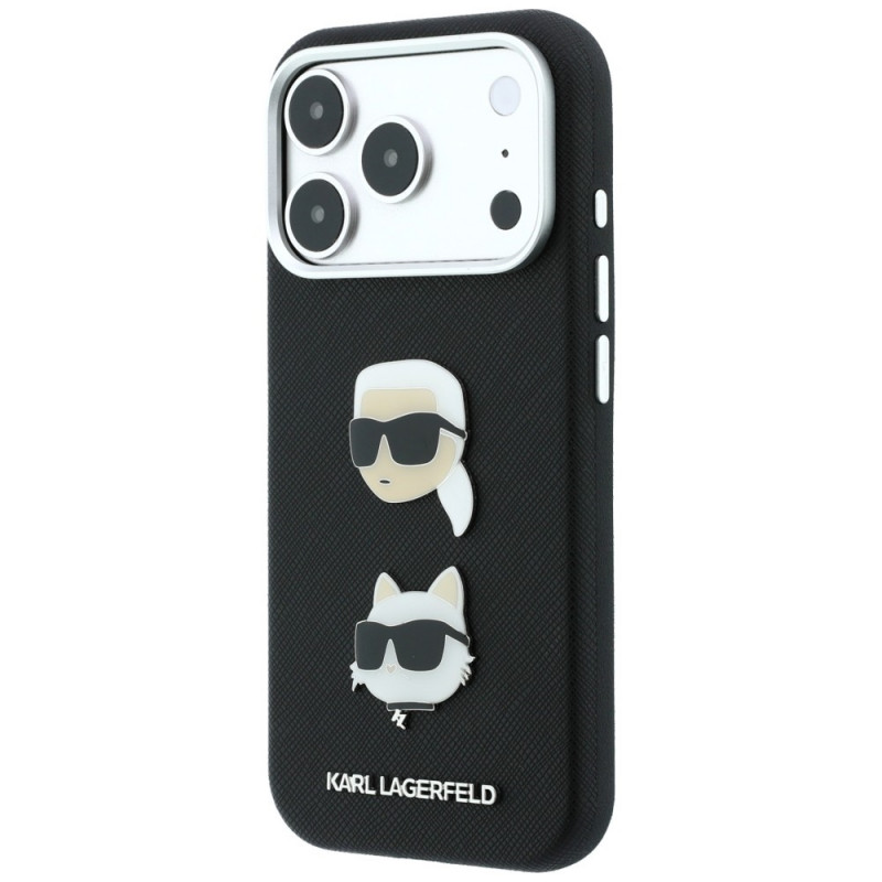 Etui Karl Lagerfeld Saffiano Karl&Choupette Heads Pins Strap Logo dla Apple iPhone 18 Pro / 17 Pro, czarne