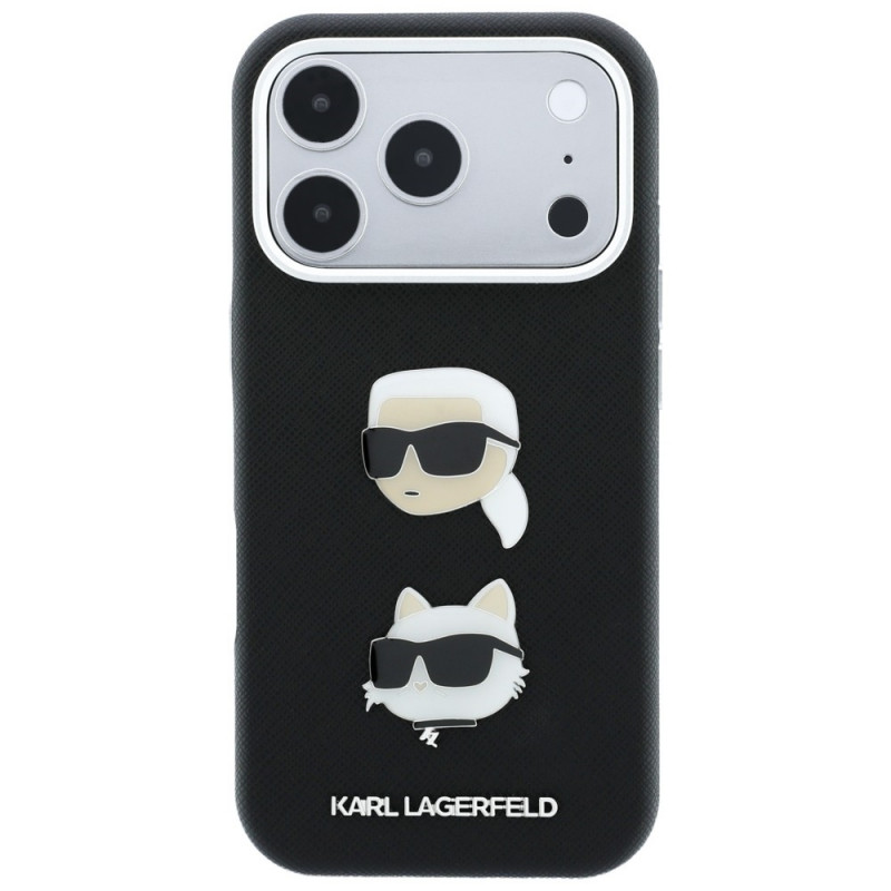 Etui Karl Lagerfeld Saffiano Karl&Choupette Heads Pins Strap Logo dla Apple iPhone 18 Pro / 17 Pro, czarne