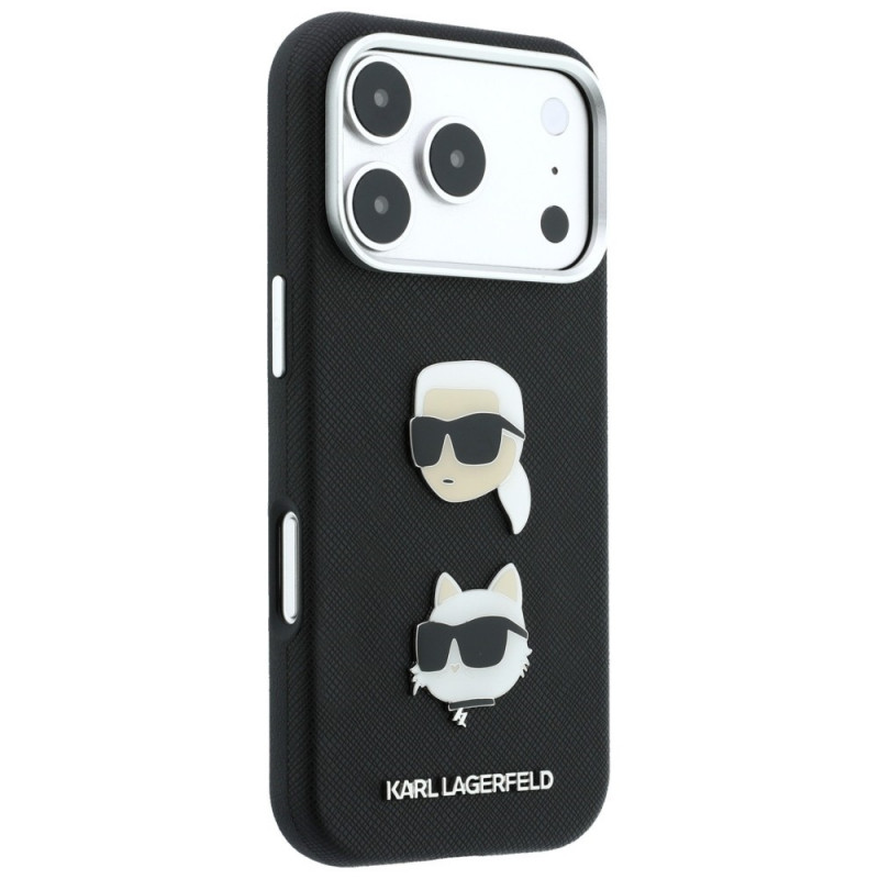 Etui Karl Lagerfeld Saffiano Karl&Choupette Heads Pins Strap Logo dla Apple iPhone 18 Pro / 17 Pro, czarne