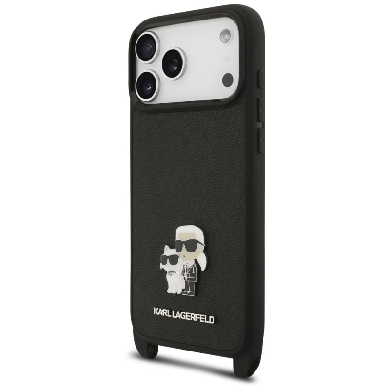 Etui Karl Lagerfeld Saffiano Karl&Choupette Metal Pin CBDY Strap dla Apple iPhone 18 Pro Max / 17 Pro Max, czarne