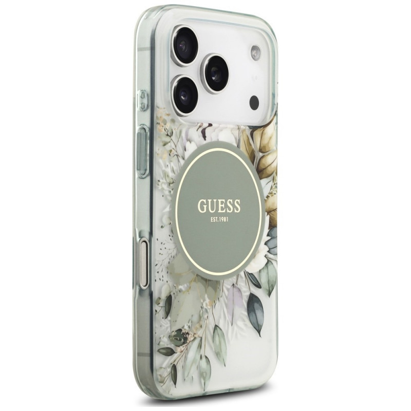 Guess IML Flower & Tonal Circle MagSafe etui na Apple iPhone 18 Pro / 17 Pro, zielone
