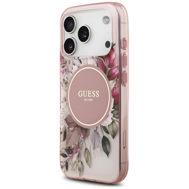 Guess IML Flower & Tonal Circle MagSafe etui na Apple iPhone 18 Pro / 17 Pro, różowe