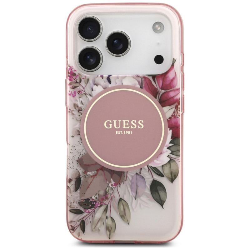 Guess IML Flower & Tonal Circle MagSafe etui na Apple iPhone 18 Pro / 17 Pro, różowe