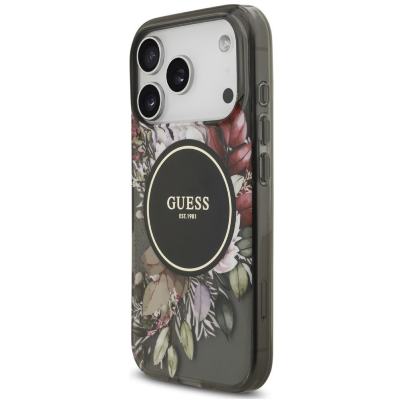 Etui MagSafe Guess IML Flowers Pearl Strap dla Apple iPhone 18 Pro / 17 Pro, czarne
