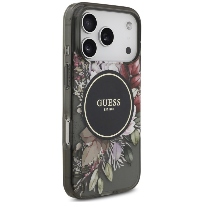 Etui MagSafe Guess IML Flowers Pearl Strap dla Apple iPhone 18 Pro / 17 Pro, czarne