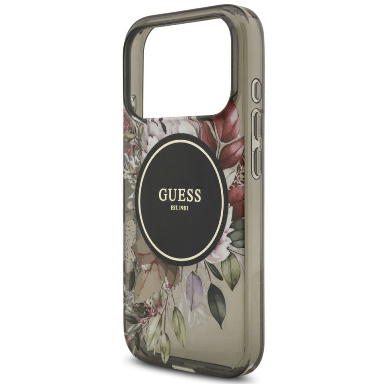 Etui MagSafe Guess IML Flowers Pearl Strap dla Apple iPhone 18 Pro / 17 Pro, czarne
