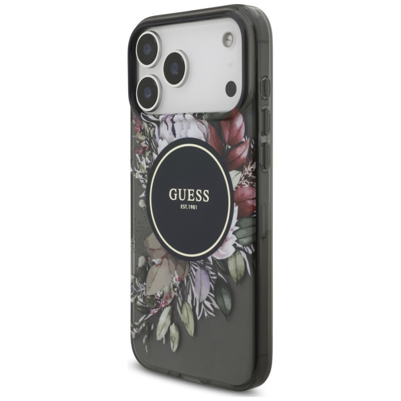 Guess IML Flowers Pearl Strap MagSafe etui na Apple iPhone 18 Pro Max / 17 Pro Max, czarny
