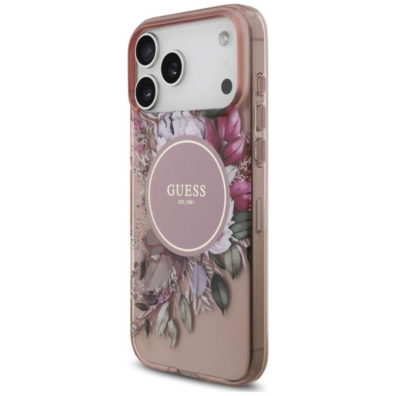 Guess IML Flowers Pearl Strap MagSafe etui dla Apple iPhone 18 Pro / 17 Pro, różowe