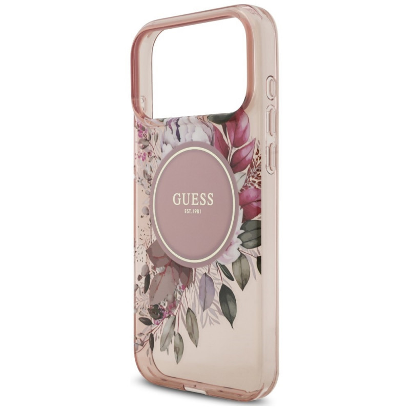 Guess IML Flowers Pearl Strap MagSafe etui dla Apple iPhone 18 Pro / 17 Pro, różowe