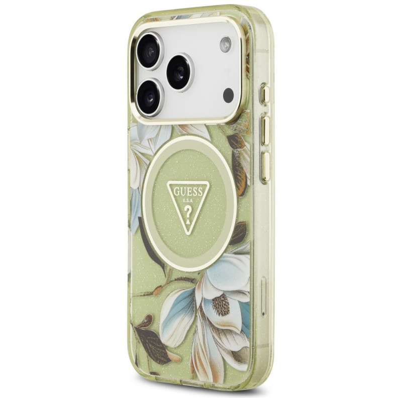 Guess IML Glitter Flowers Triangle MagSafe etui na Apple iPhone 18 Pro Max / 17 Pro Max, zielone