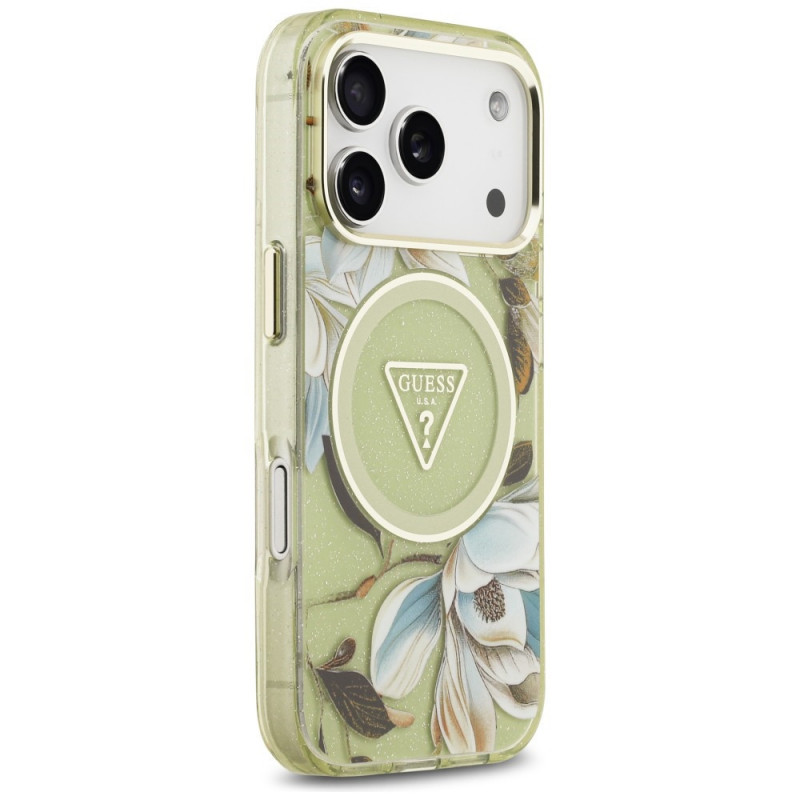 Guess IML Glitter Flowers Triangle MagSafe etui na Apple iPhone 18 Pro Max / 17 Pro Max, zielone