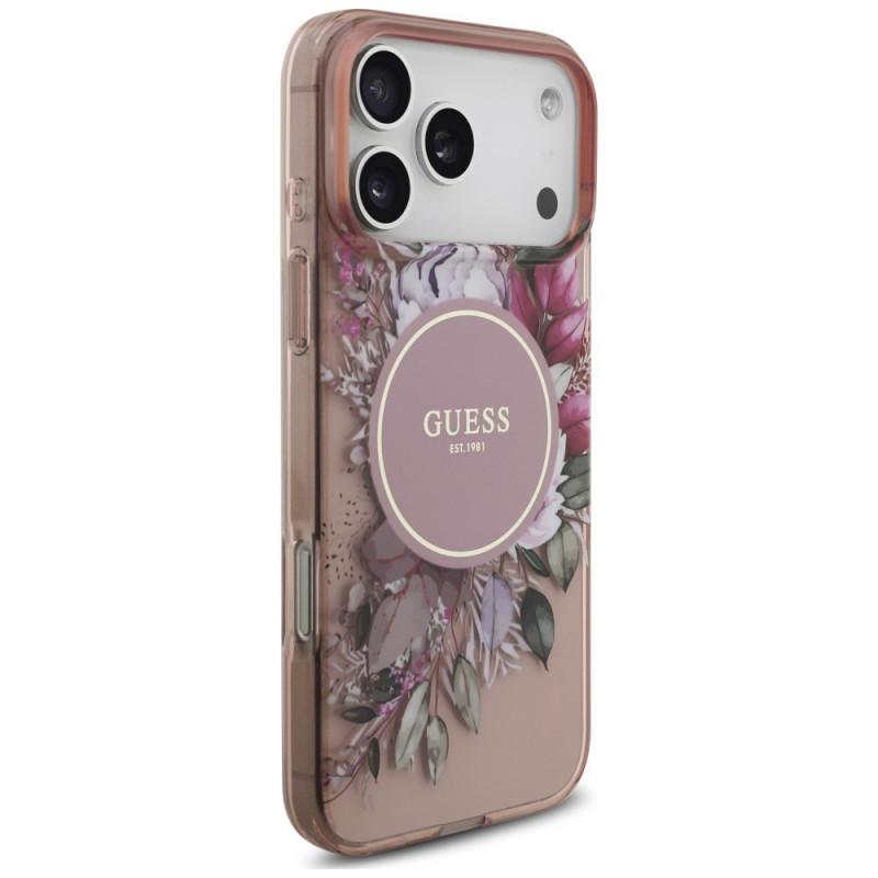 Guess IML Flowers Pearl Strap MagSafe etui na Apple iPhone 18 Pro Max / 17 Pro Max, różowe