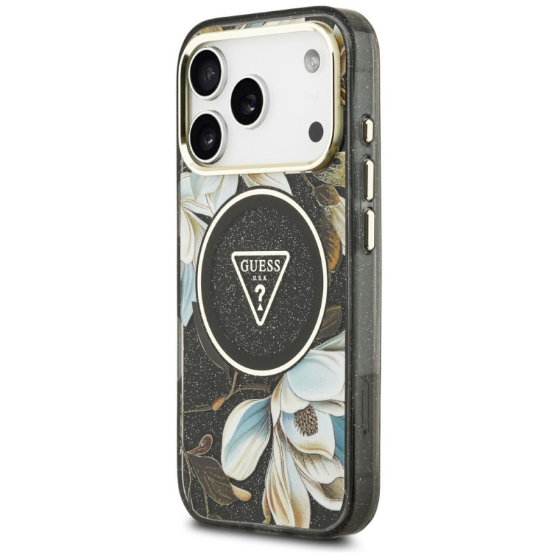 Guess IML Glitter Flowers Triangle MagSafe etui na Apple iPhone 18 Pro Max / 17 Pro Max, czarny