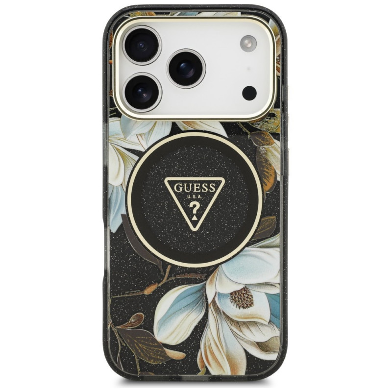 Guess IML Glitter Flowers Triangle MagSafe etui na Apple iPhone 18 Pro Max / 17 Pro Max, czarny