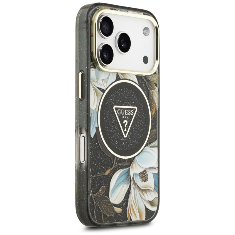 Guess IML Glitter Flowers Triangle MagSafe etui na Apple iPhone 18 Pro Max / 17 Pro Max, czarny
