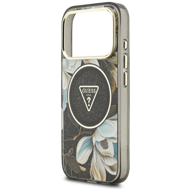 Guess IML Glitter Flowers Triangle MagSafe etui na Apple iPhone 18 Pro Max / 17 Pro Max, czarny