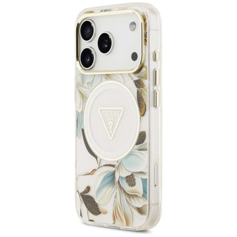 Etui MagSafe Guess IML Glitter Flowers Triangle dla Apple iPhone 18 Pro Max / 17 Pro Max, białe