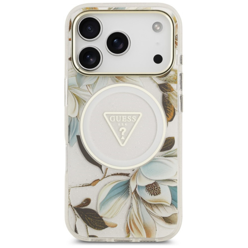 Etui MagSafe Guess IML Glitter Flowers Triangle dla Apple iPhone 18 Pro Max / 17 Pro Max, białe