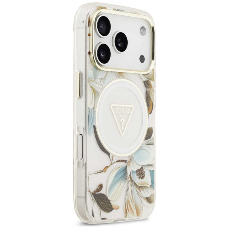 Etui MagSafe Guess IML Glitter Flowers Triangle dla Apple iPhone 18 Pro Max / 17 Pro Max, białe