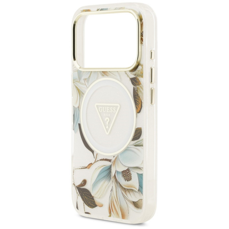Etui MagSafe Guess IML Glitter Flowers Triangle dla Apple iPhone 18 Pro Max / 17 Pro Max, białe