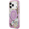 Guess IML Glitter Flowers Triangle MagSafe etui na Apple iPhone 18 Pro Max / 17 Pro Max, fioletowe