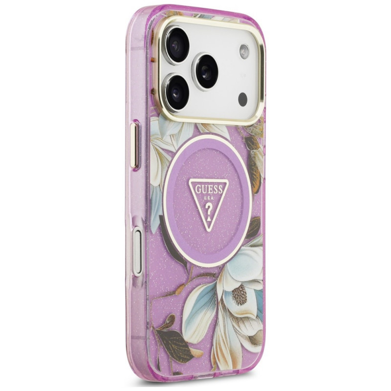 Guess IML Glitter Flowers Triangle MagSafe etui na Apple iPhone 18 Pro Max / 17 Pro Max, fioletowe